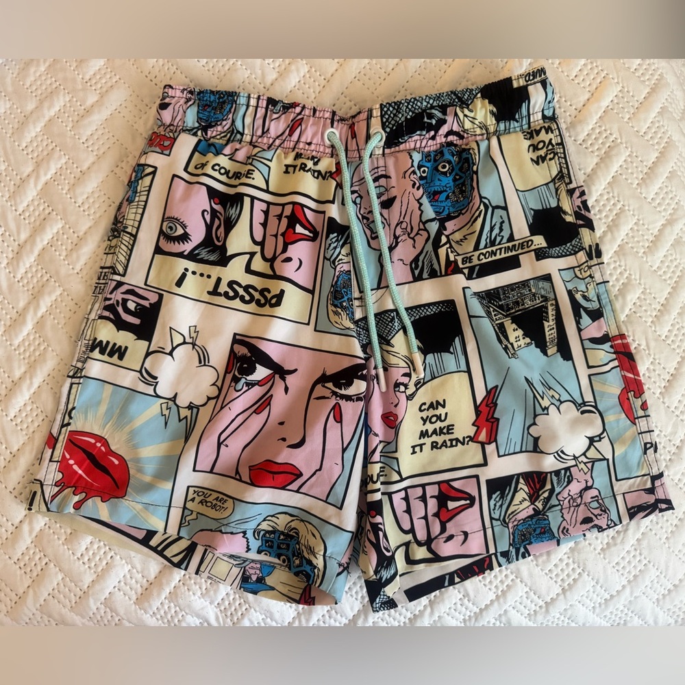 Oh Snap! Drill Clothing Co Swim Trunks Bathing Suit Shorts Men Small Comic Print